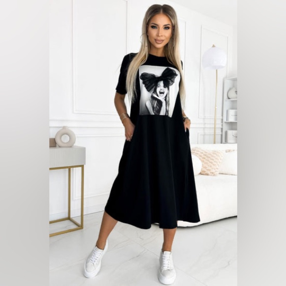 ELODIE OVERSIZED 'FACE' GRAPHIC PRINTED MIDAXI DRESS-BLACK